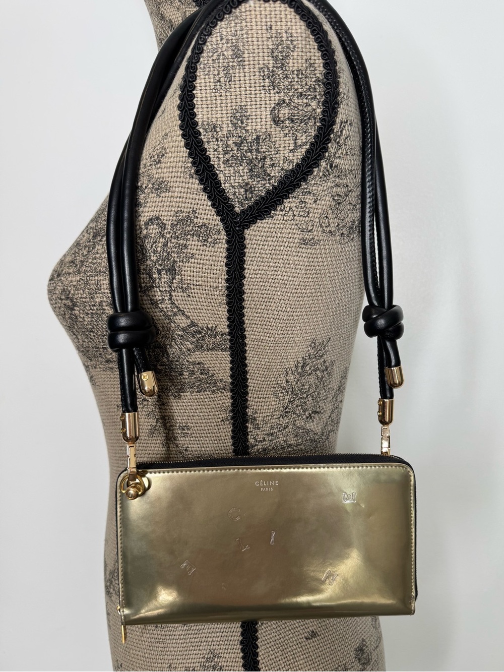 Authentic Celine Metallic Gold Patent Leather Zip Wallet On Chain Crossbody Bag